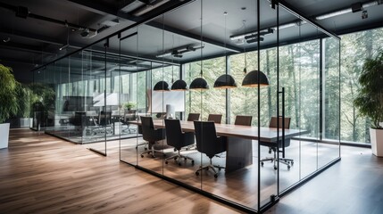 Office space with a glass wall partition. - obrazy, fototapety, plakaty