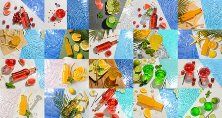 Collage of refreshing soda drinks near swimming pool