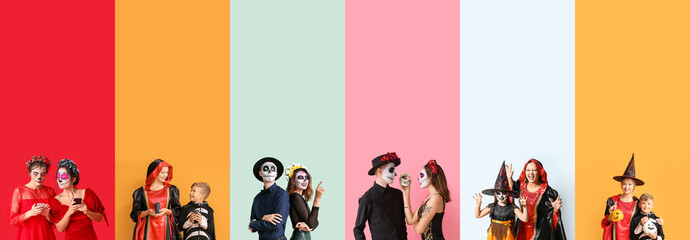 Group of people dressed for Halloween party on color background