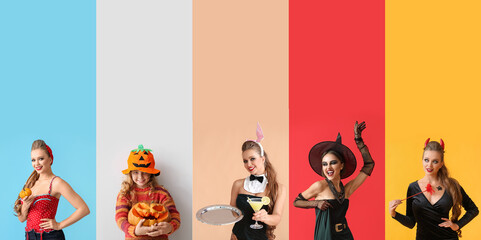 Fototapeta na wymiar Collage of women and girl dressed for Halloween party on color background