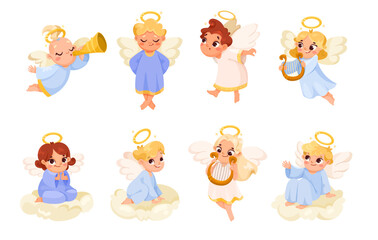 Cute Children Angels with Wings and Nimbus Vector Set