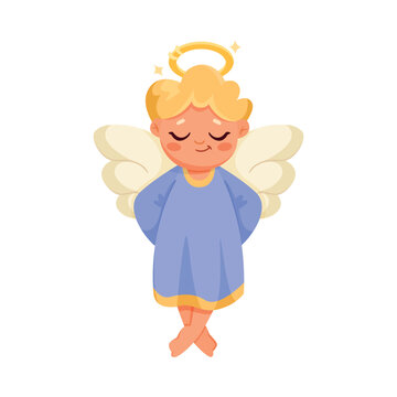 Cute Blonde Boy Angel with Wings and Nimbus Vector Illustration