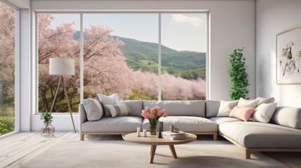 Scandinavian a living room with a white sofa and window displaying a summer landscape.