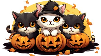 Obraz premium Three black and white cats sitting on pumpkins