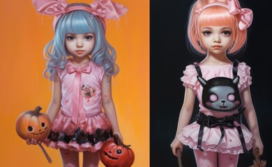 Two pictures of a girl dressed in halloween costumes
