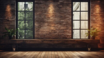 Spacious floor to ceiling window on concrete wall with wooden sill. Stylish loft industrial...
