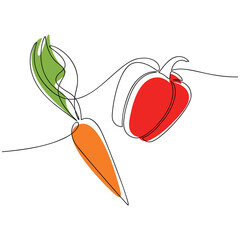Carrot red bell pepper vector. Line continuous hand drawn illustration. Vegetable outline icon. Garden plant. Minimal linear silhouette. Graphic design, print, banner, card, brochure, sign, doodle.