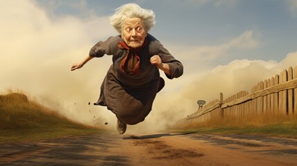 An old woman running down a dirt road