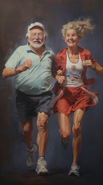 A painting of a man and a woman running