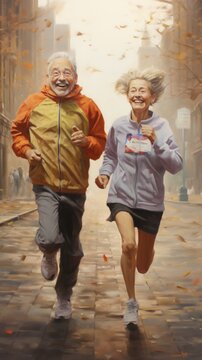 A painting of an older couple running in the rain