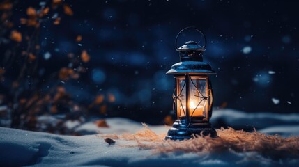 A lantern sitting on top of a snow covered ground