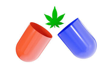 Medicinal marijuana concept. Open medical capsule and cannabis leaf.