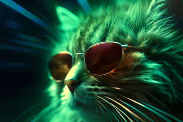 Cool cat with glases, fluffy, emerald background, hyper space, future cat, realistic fur, Generative AI