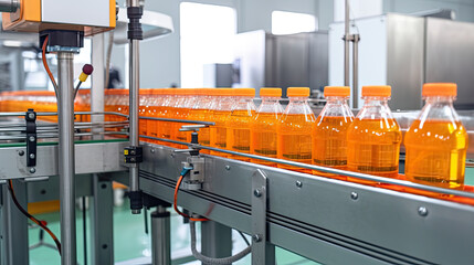 Conveyor belt, juice in bottles on beverage plant or factory interior, industrial production line, selective focus.