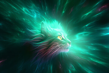 thunder cat, fluffy, emerald background, hyper space, future cat, realistic fur, Generative AI