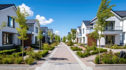 Newly built modern suburban area with Dutch family houses and apartments. Generative AI - obrazy, fototapety, plakaty