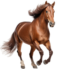 Beautiful running brown horse isolated on a white background as transparent PNG, farm animal