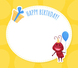 Happy Birthday Card with Cute Ant Character Hold Balloon Vector Template