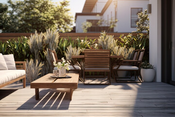 Beautiful of modern terrace with wood deck flooring and fence, green potted flowers plants and outdoors furniture. Cozy relaxing area at home. Sunny stylish balcony terrace in the city - obrazy, fototapety, plakaty
