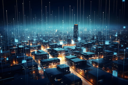 Datafication of the world, smart connected city illustrating data transfer