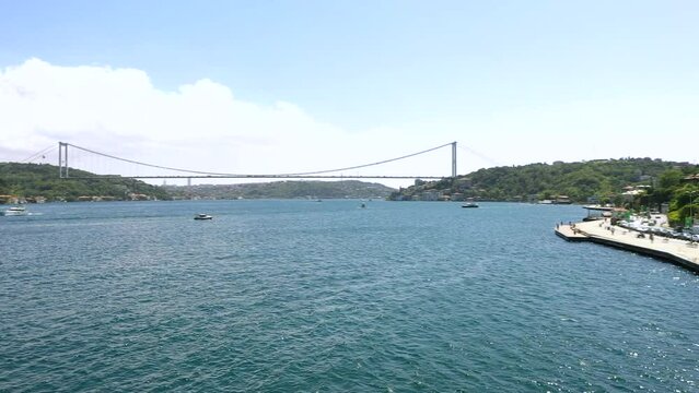 4K panoramic drone footage of Turkish Strait and suspending Bosphorus bridge during daylight. Wide angle shot of European and Asian sides of Istanbul stock video.