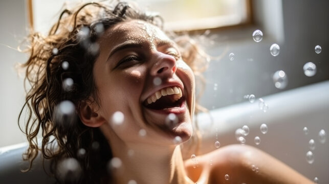 Happy pretty woman taking a bubble bath in a bathtub.