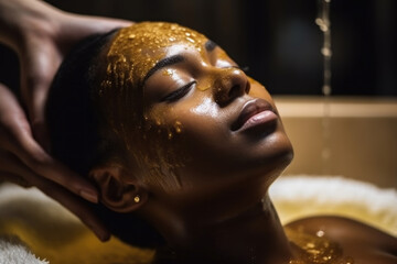 African American woman during spa treatment - a mask and a bath