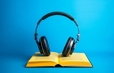 Headphones placed over opened book - audiobooks concept. Generative AI