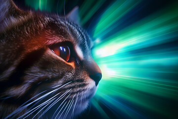 Dreamer cat, fluffy, emerald background, hyper space, future cat, realistic fur, Generative AI