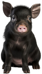 Cute domestic black baby pig isolated on a white background as transparent PNG, animal