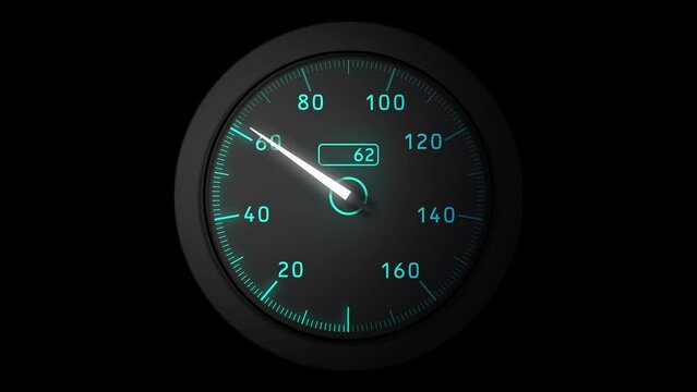 4K animation of a speedometer tachomater guage in light green, rev counter needle rising up with gear changes
