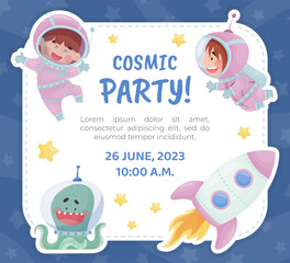 Cosmic Party Invitation Card with Cute Kid Astronaut Character in Space Suit Vector Template