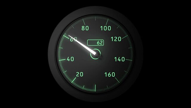 4K animation of a speedometer tachomater guage in green, rev counter needle rising up with gear changes