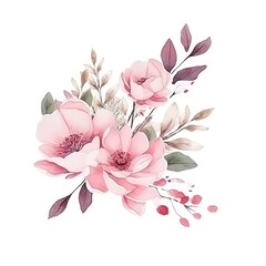 Watercolors pink flower bouquets leaf branches isolated