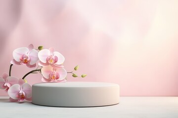 Fototapeta na wymiar 3D background pedestal podium with orchid flowers
