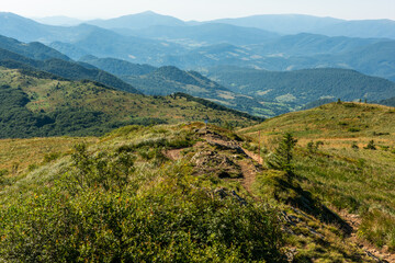 Wilderness and scenic nature and alpine landscape at summer in Bieszczady Mountains, Carpathians, Poland.