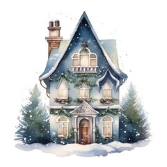 Fototapeta premium Watercolor cute Christmas house isolated