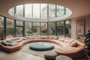 Interior of a round living room with large windows. Generative AI