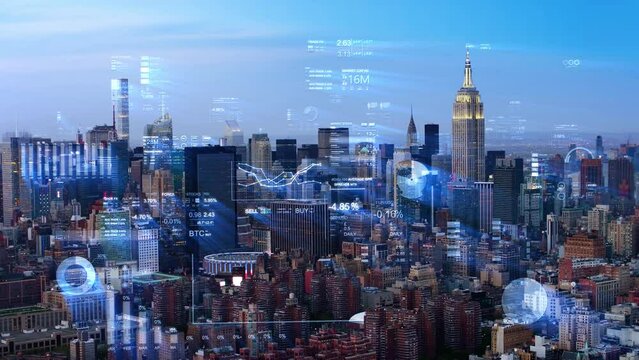 
Aerial Manhattan View with Financial Data. Famous New York City Skyscrapers with Holographic Futuristic FX Economy Charts. Augmented Reality over Smart City. NYC, United States. 
