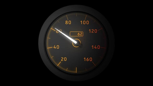 4K animation of a speedometer tachomater guage in orange, rev counter needle rising up with gear changes