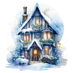 Watercolor cute Christmas house isolated