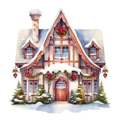 Watercolor cute Christmas house isolated