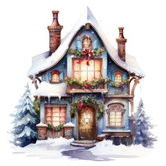 Fototapeta premium Watercolor cute Christmas house isolated
