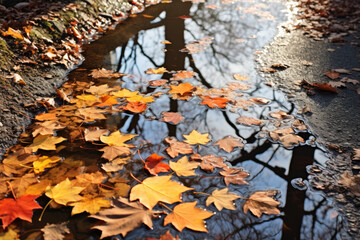 Puddles reflecting autumn foliage