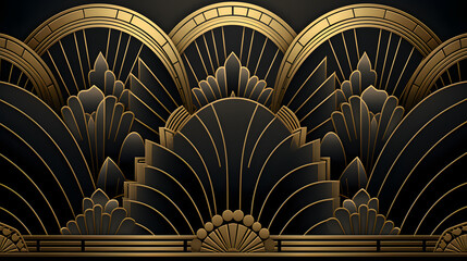 Vector abstract art deco luxury pattern, golden vintage artistic background with geometric shapes, archs and swirls. Linear retro ornament, gatsby card
