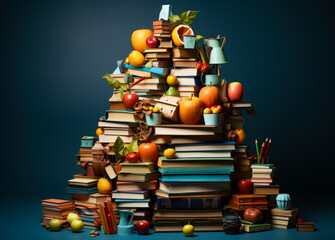 Stack of books with fruits and vegetables in the shape of a pyramid. A pile of books with an apple on top