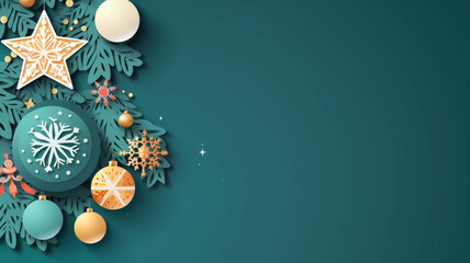 Christmas celebration holiday banner. Festive balls and gifts close up