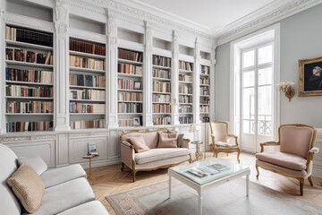 Living room with Victorian-style champagne furniture. Generative AI