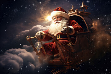 Santa Claus riding his sleigh in the night sky