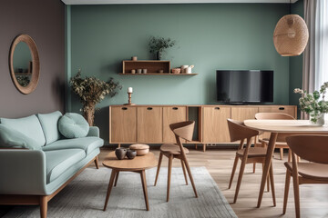 Pastel green modern living room with natural wood furniture. Generative AI